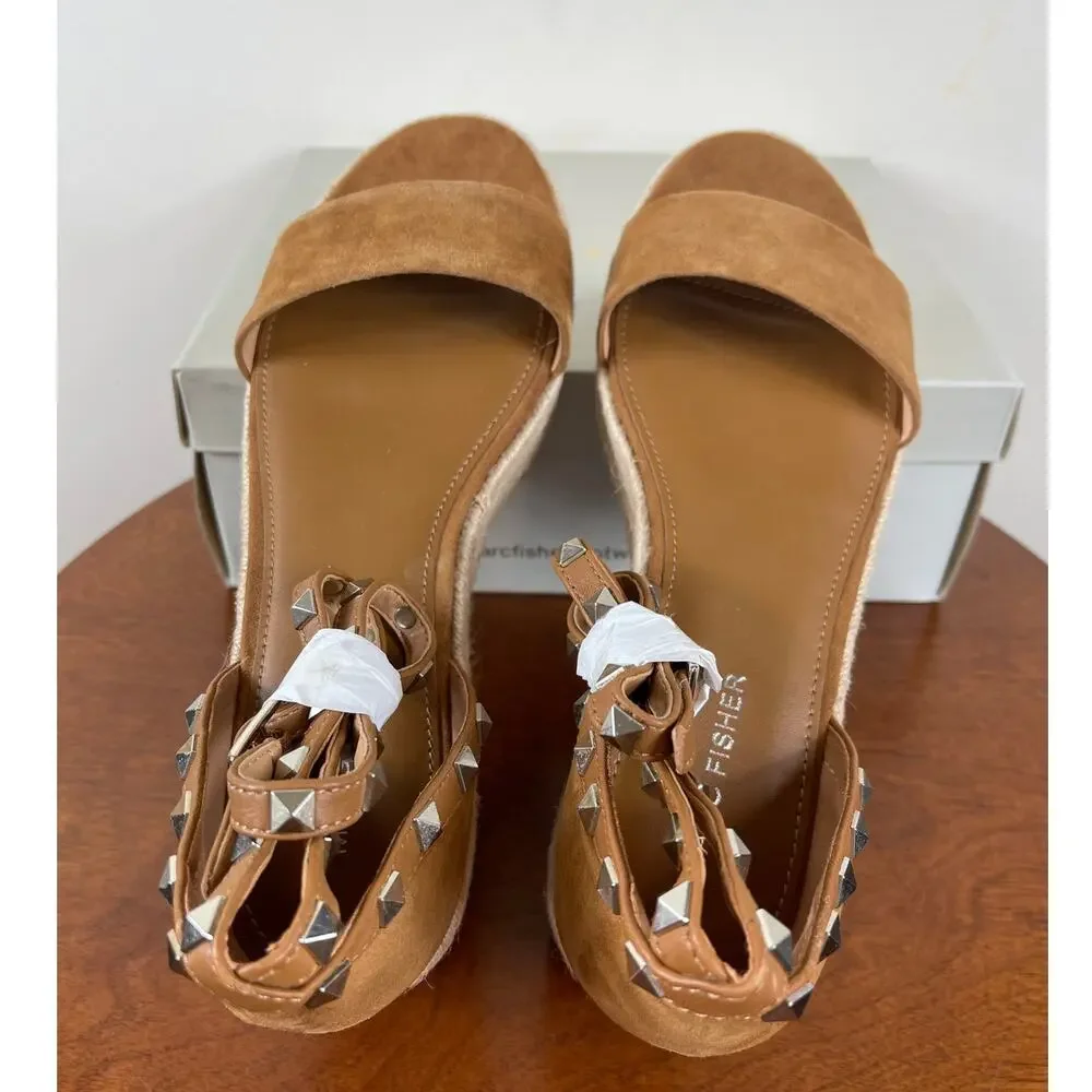 Marc Fisher Jazlyn Studded Espadrille Wedge Sandal Brown Suede Women's Size 8.5